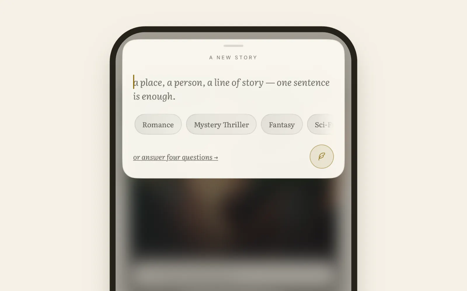Qento's Quick Start: a reader types one sentence, picks Sci-Fi, waits on the identity card, sees the Stay Or Burn cover, then the first chapter streams in.