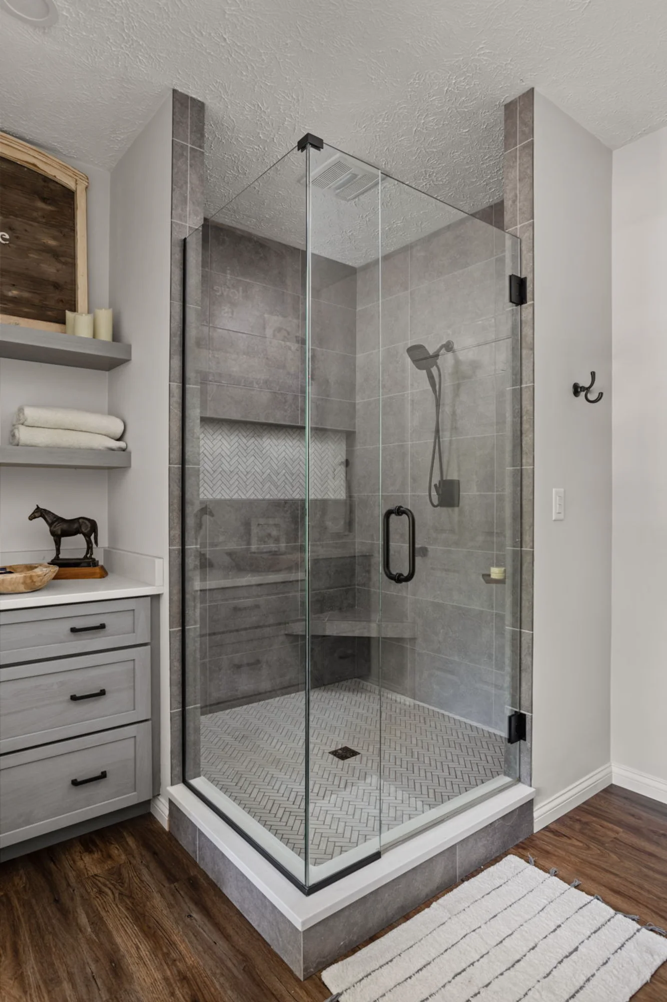 Glass-enclosed walk-in shower
