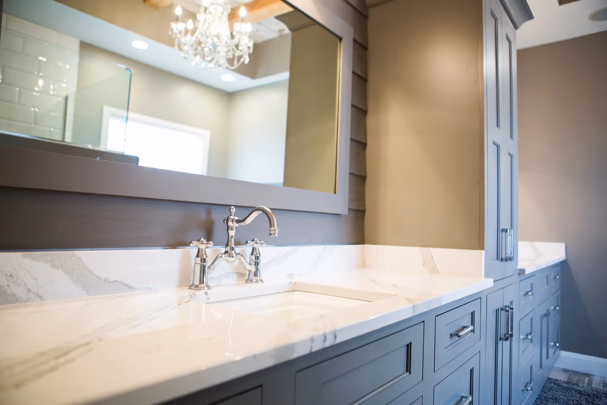 Kitchen island with waterfall countertop edge