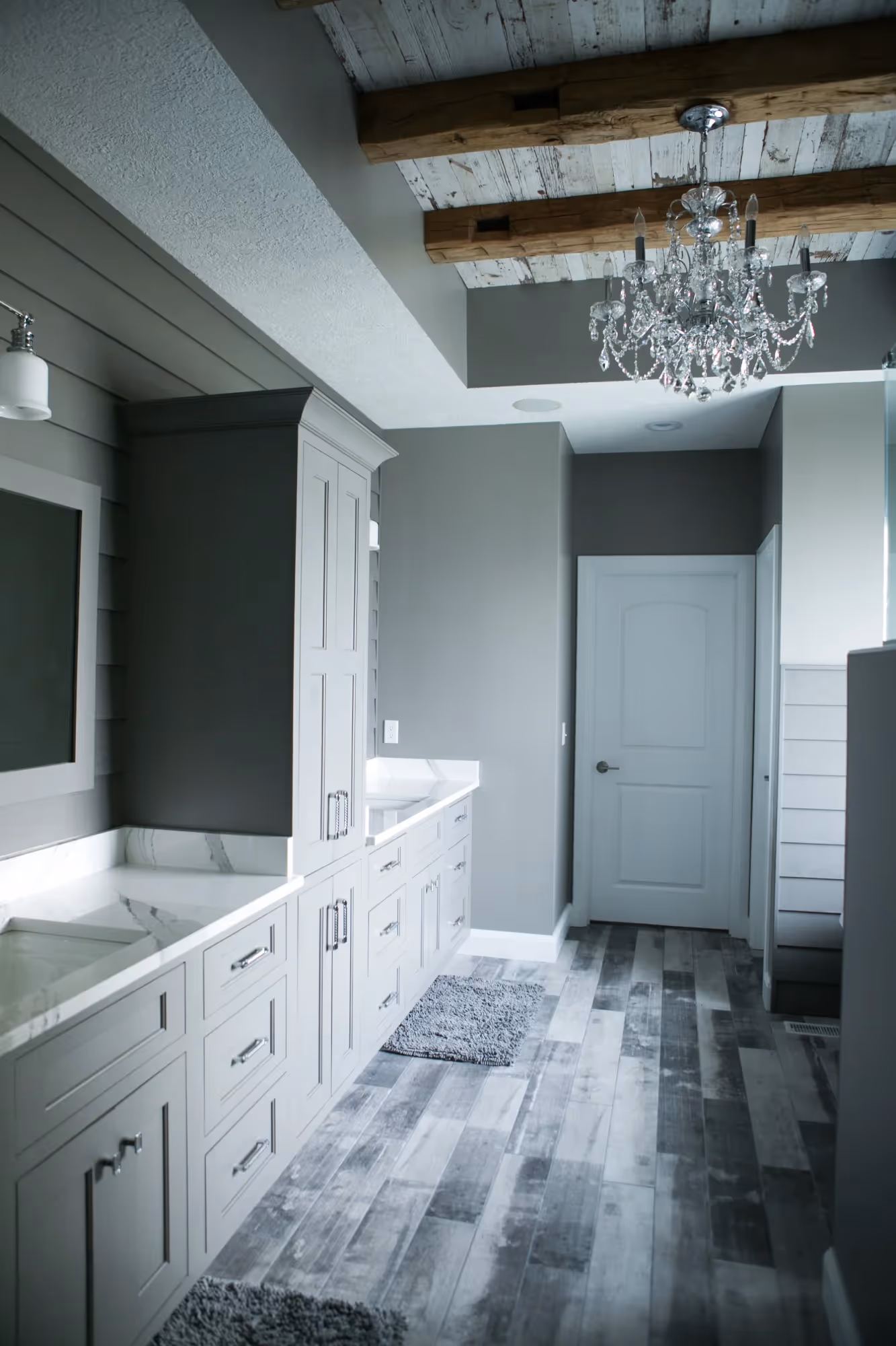 Bathroom with double-sink vanity and walk-in shower