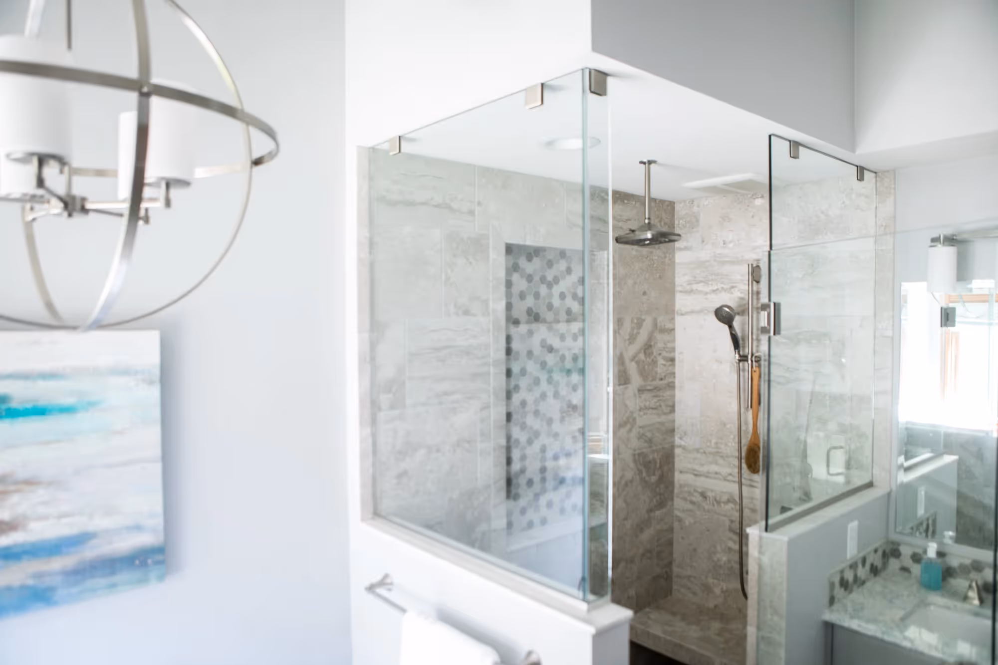 Modern bathroom with glass shower and double vanity