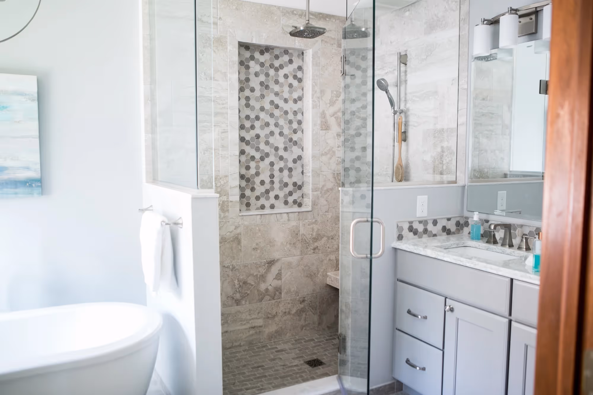 Contemporary bathroom with walk-in shower and mosaic tile