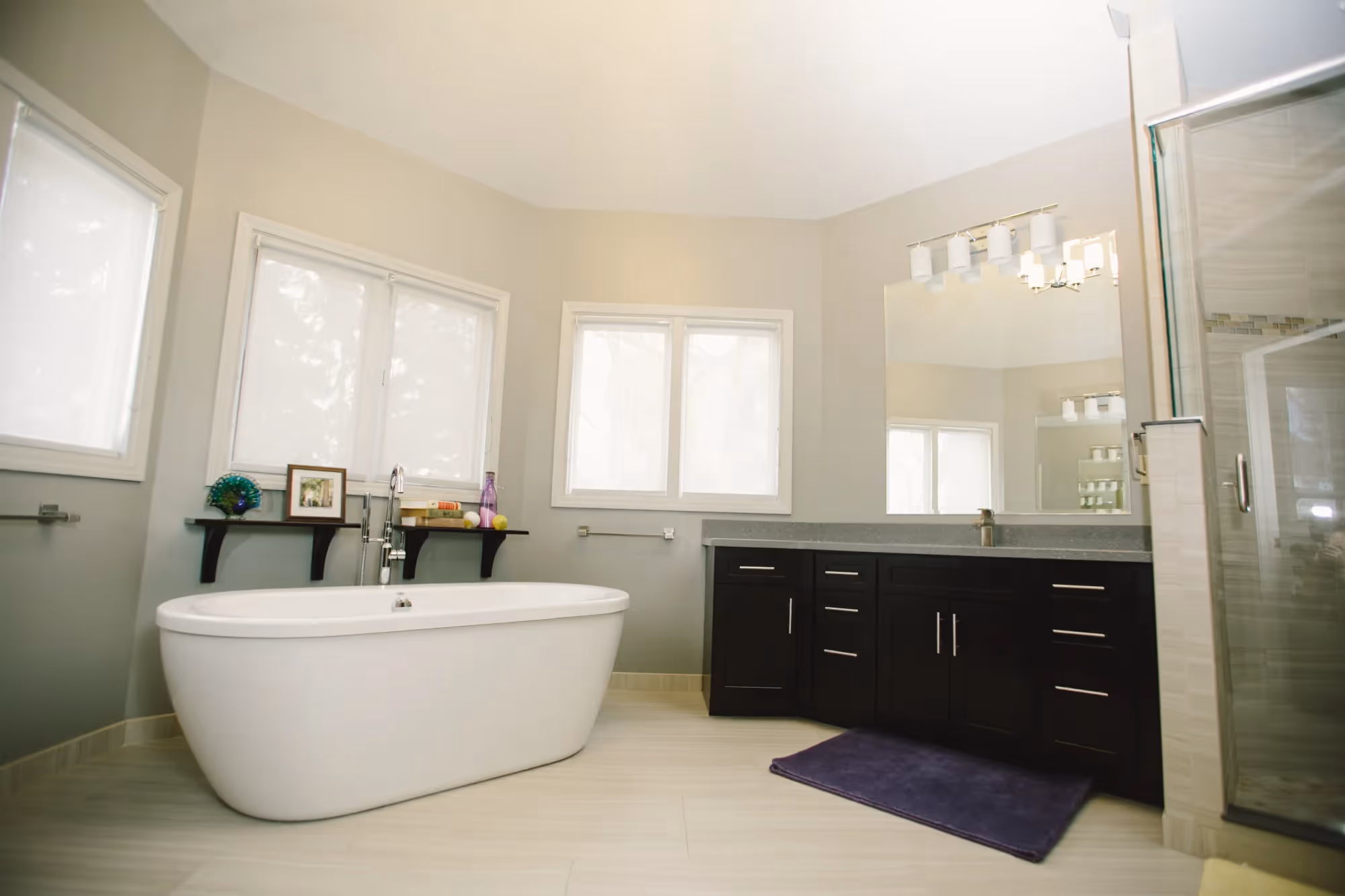 Bright bathroom with sinks and large mirrors