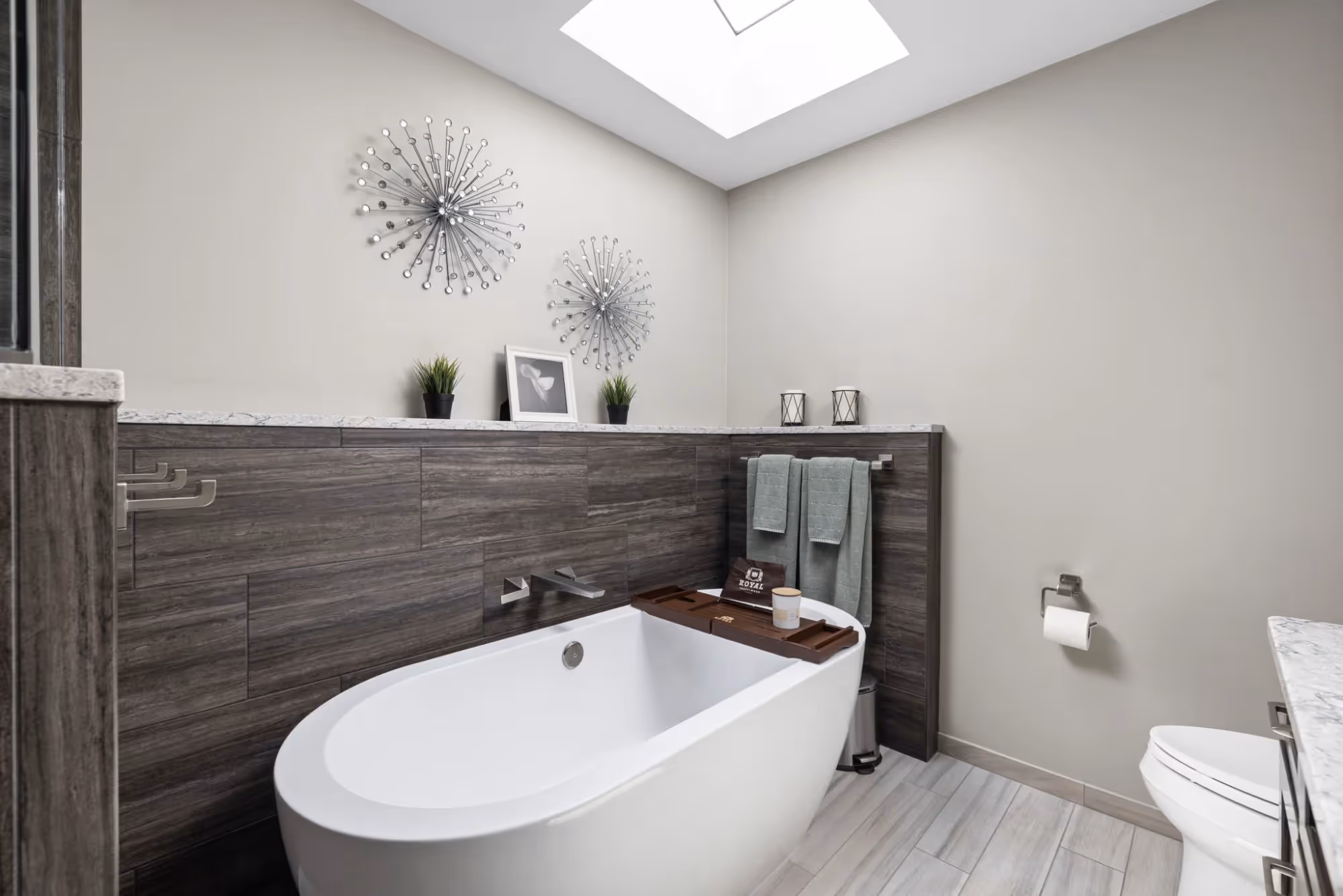 Bathroom with freestanding tub and vanity