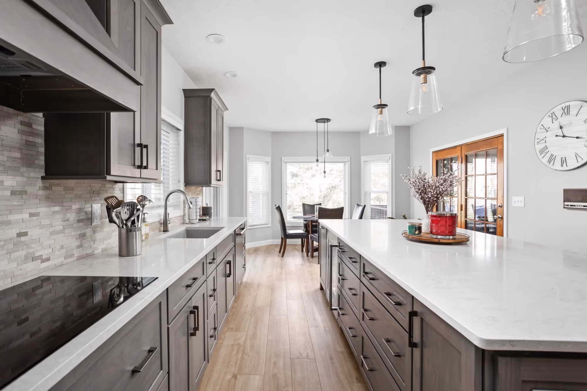 Galley kitchen with quartz countertops