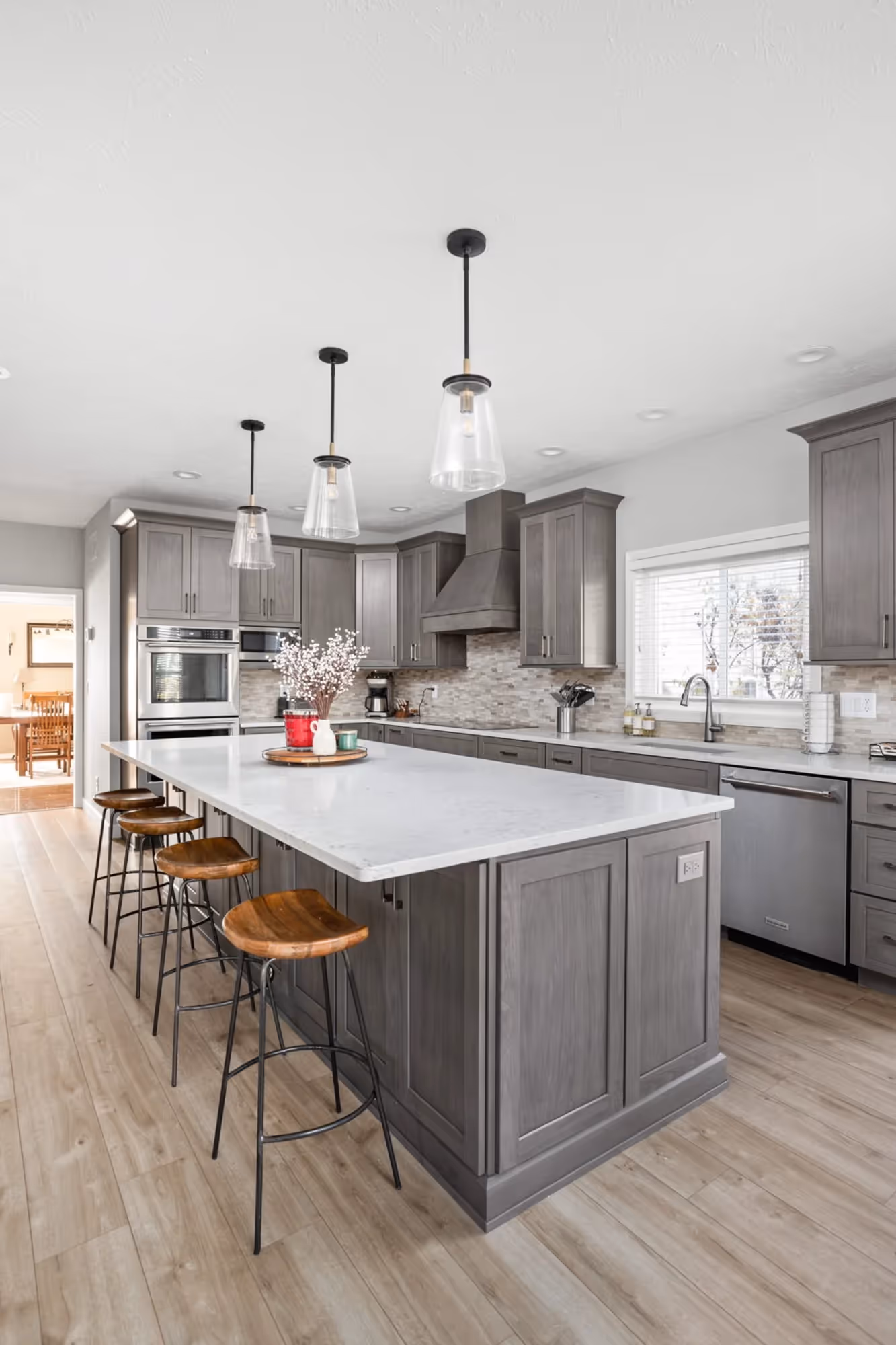 Kitchen with island and pendant lighting