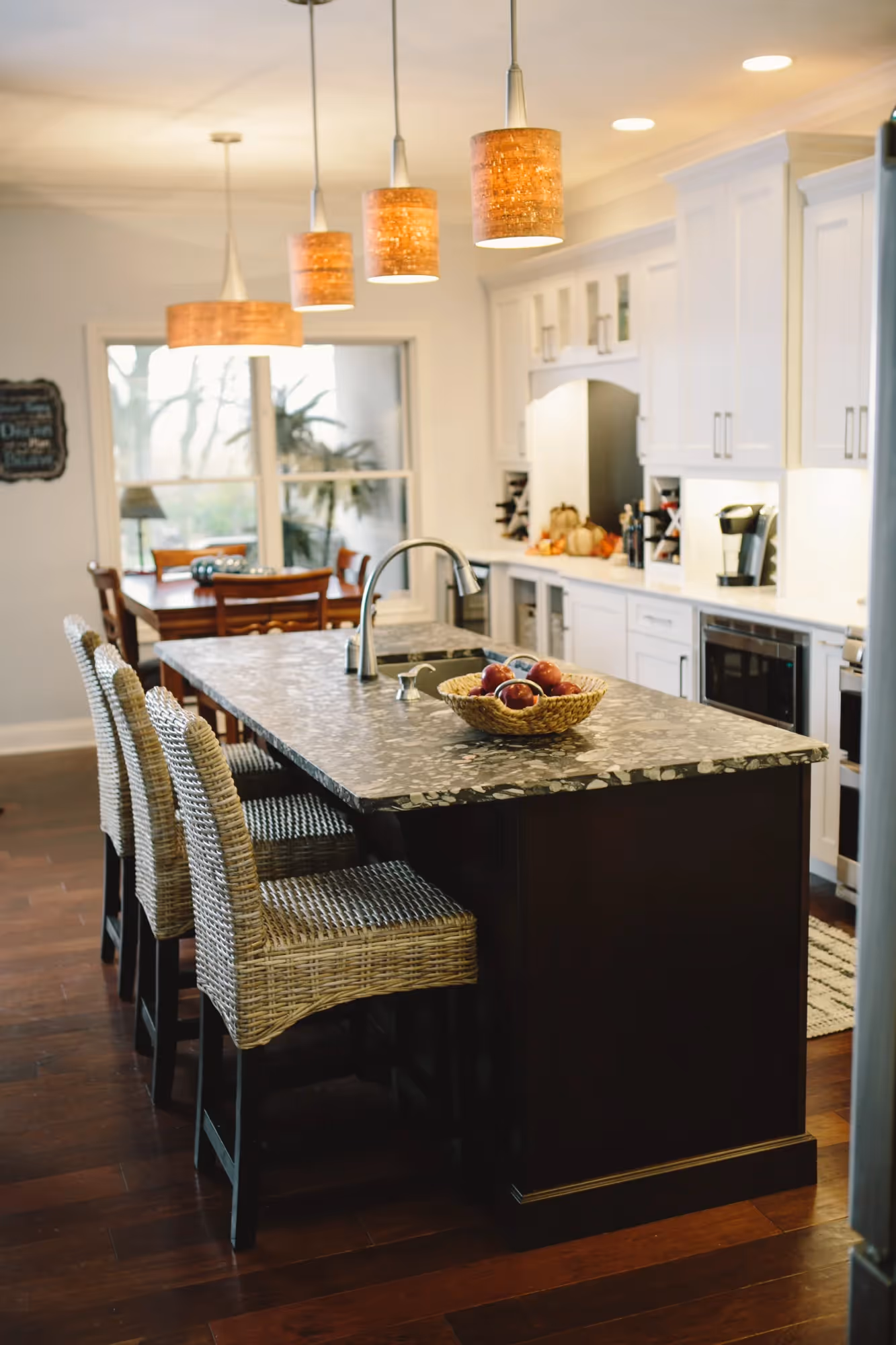 Cozy dining area with warm lighting and seating