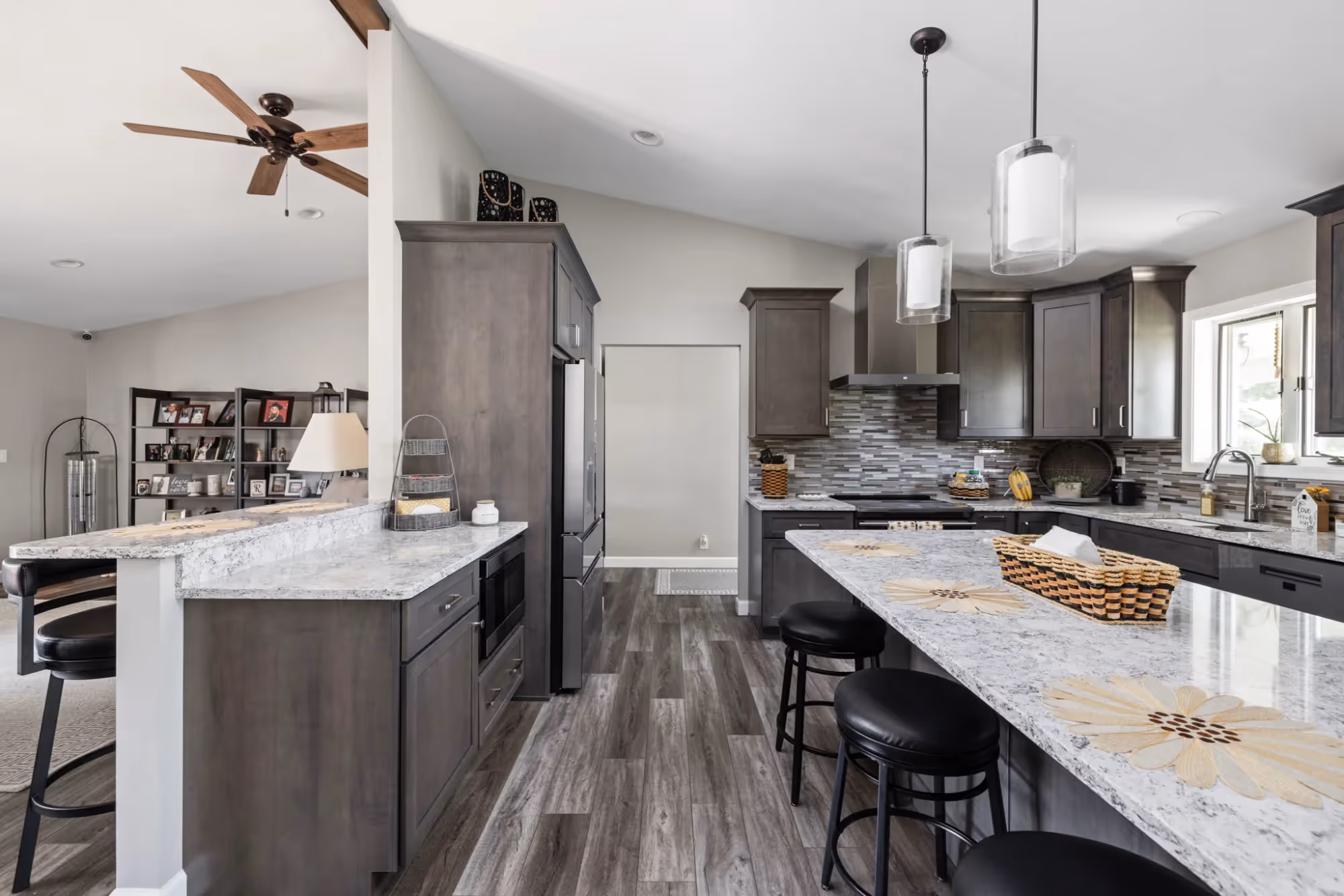 Modern kitchen with island seating and pendant lights