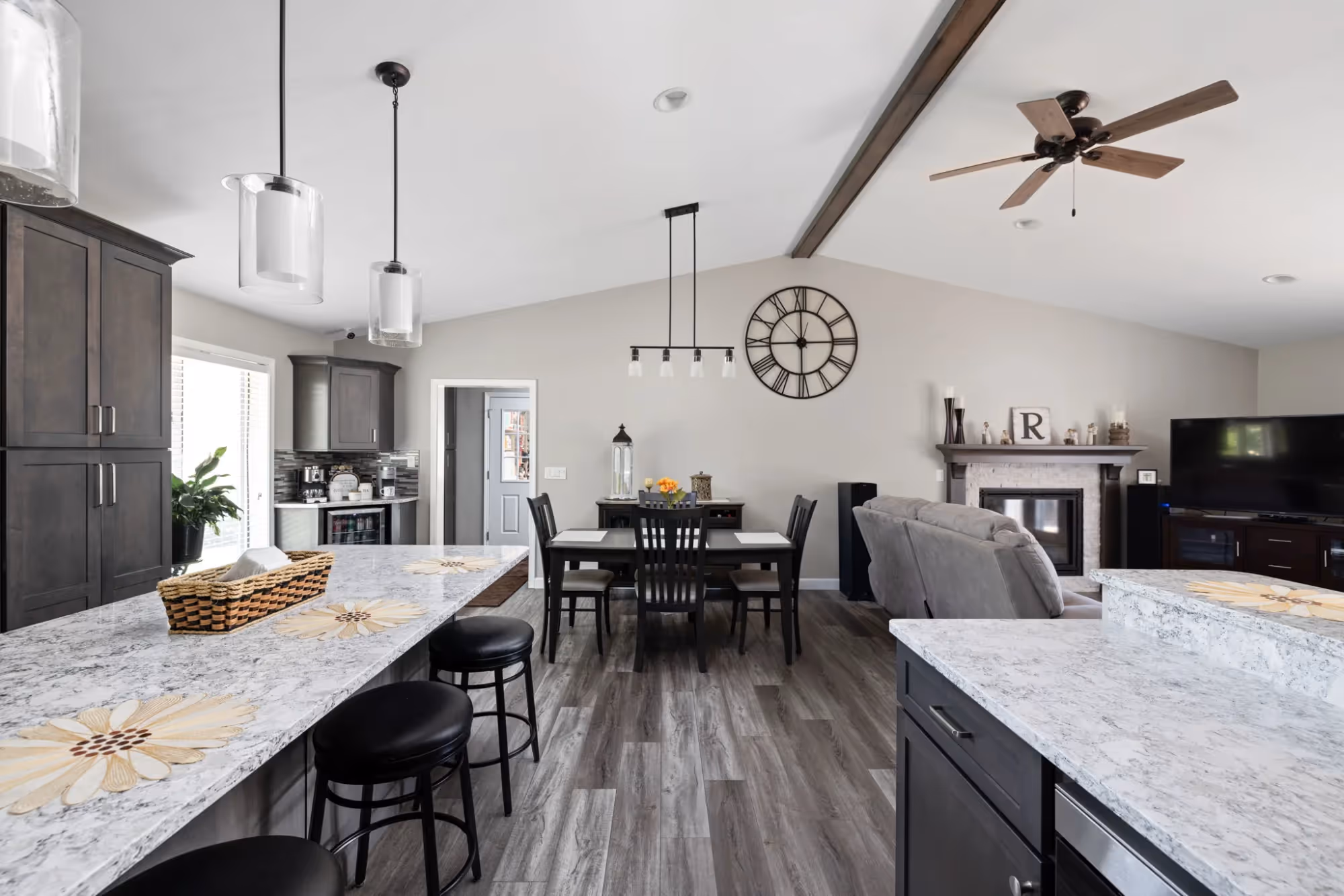 Open-concept kitchen and dining area with island