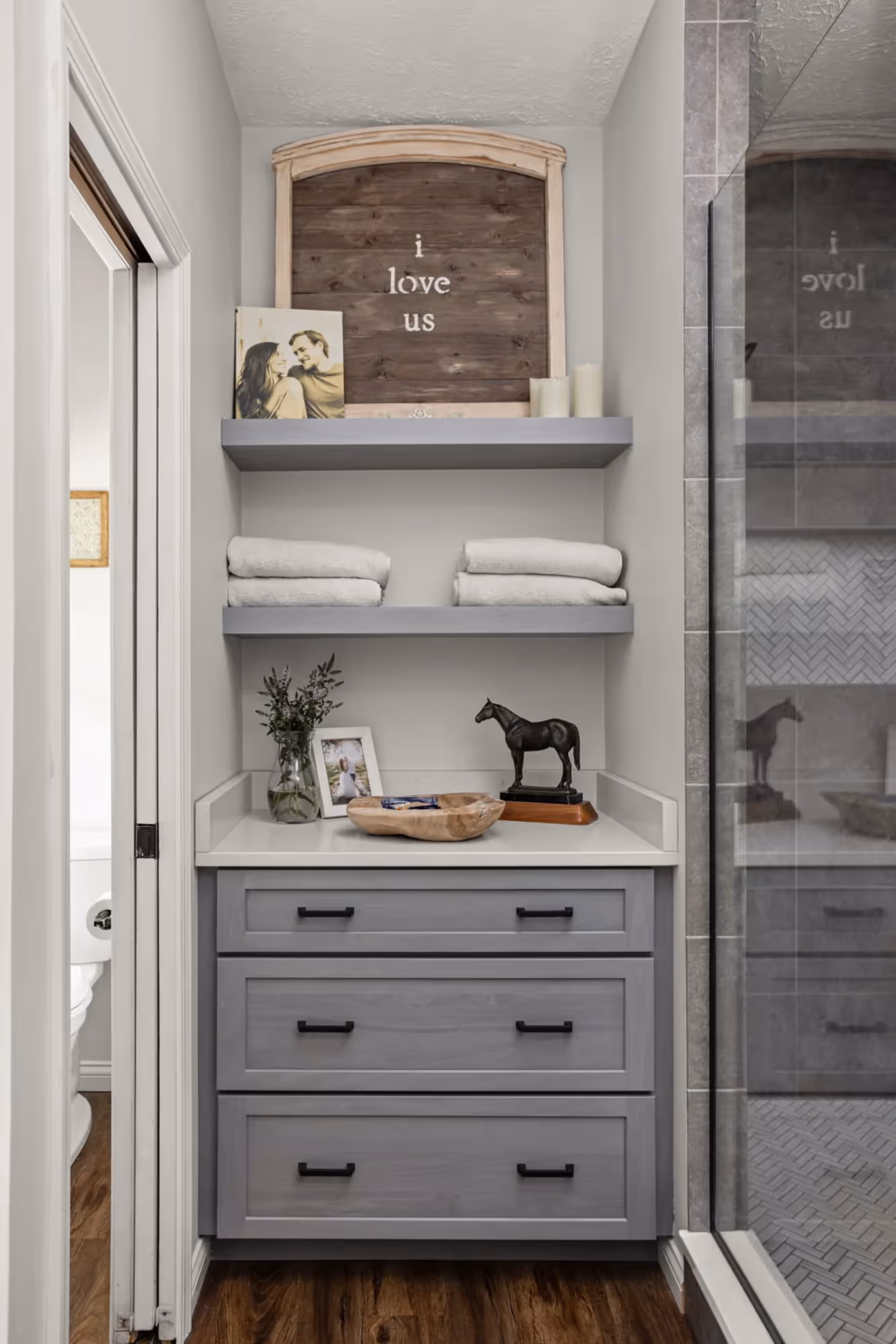 Custom bathroom vanity with shelving