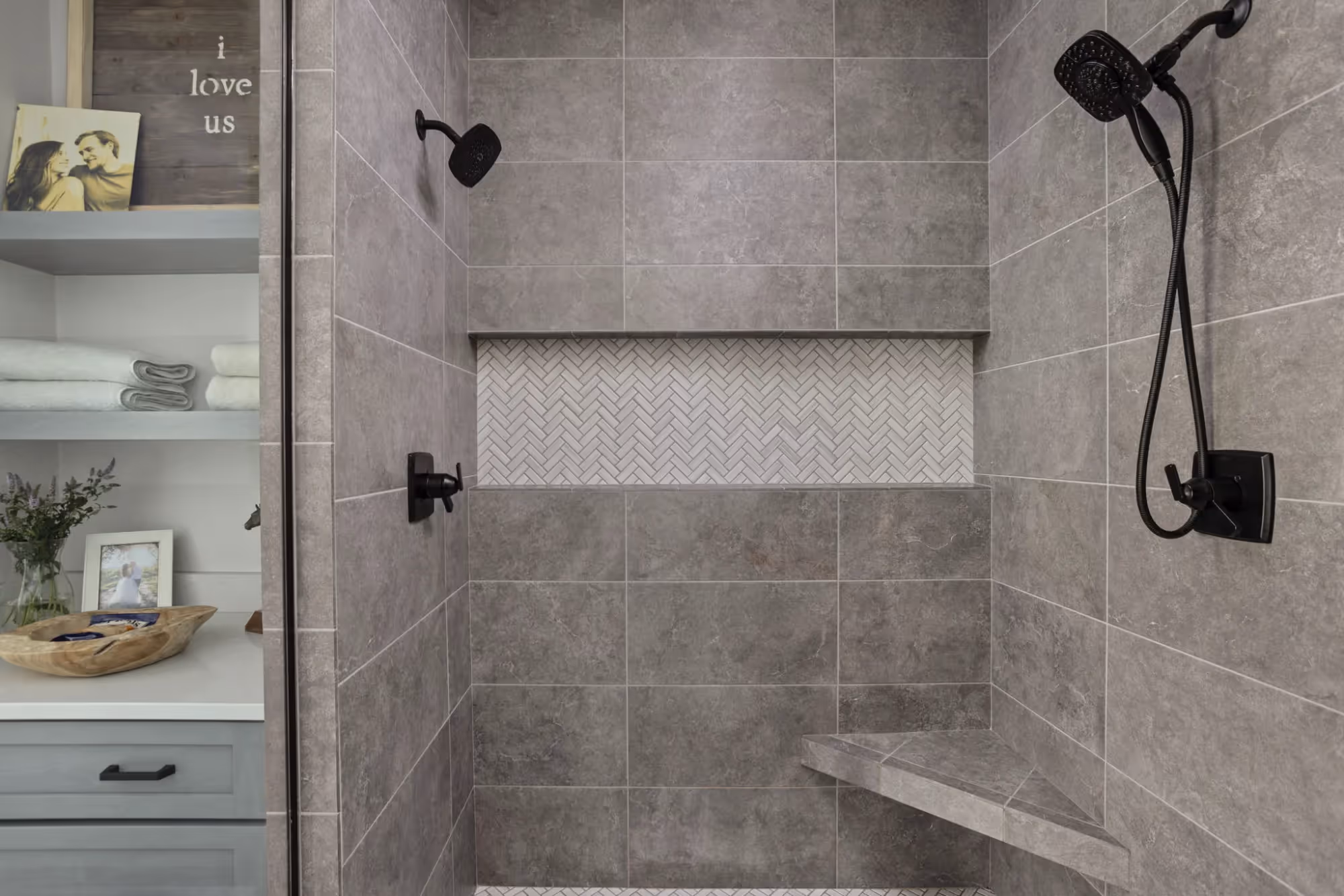 Glass shower with tile surround