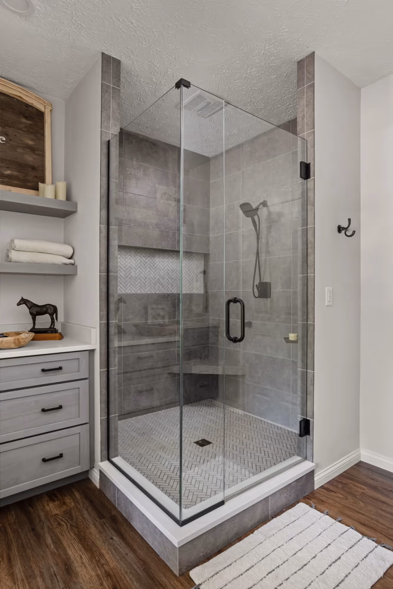 Double vanity bathroom with cabinets