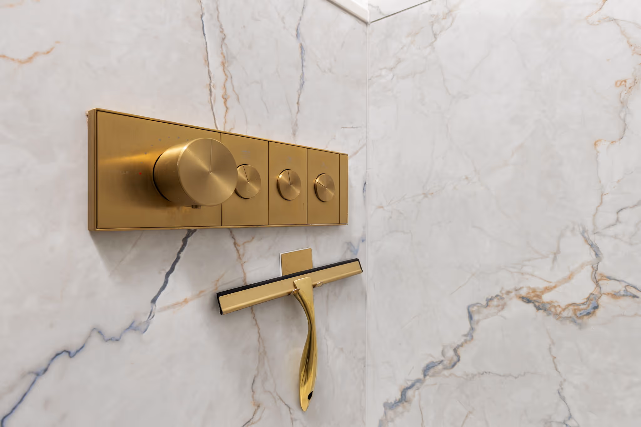 Marble shower with glass door and brass fixtures