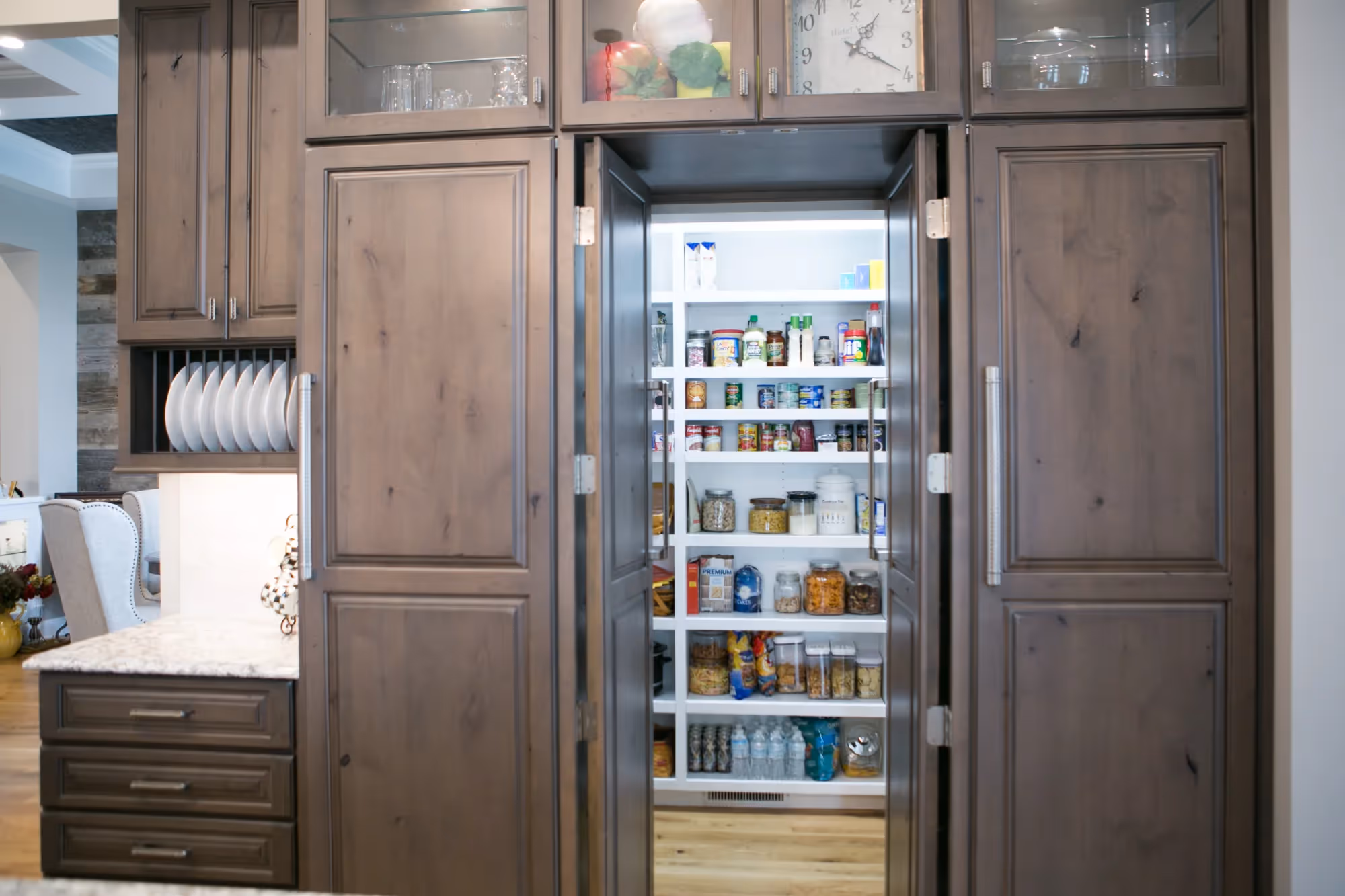 Pantry storage with organized shelving and baskets
