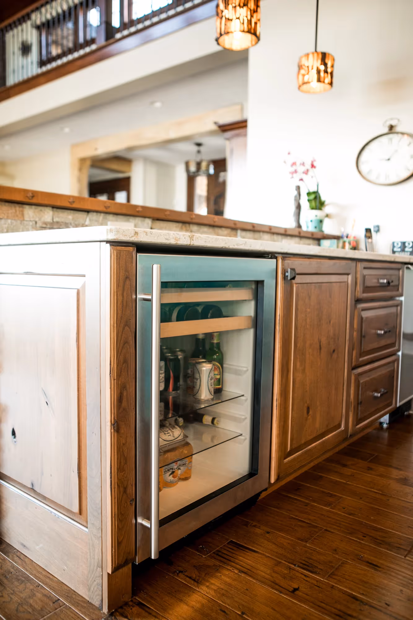 Built-in wooden desk with shelving and storage