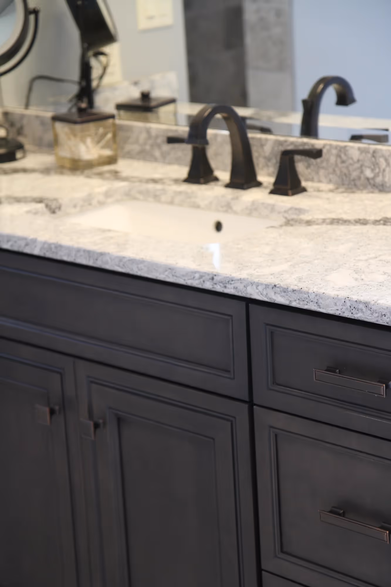 Gray bathroom vanity with double sinks