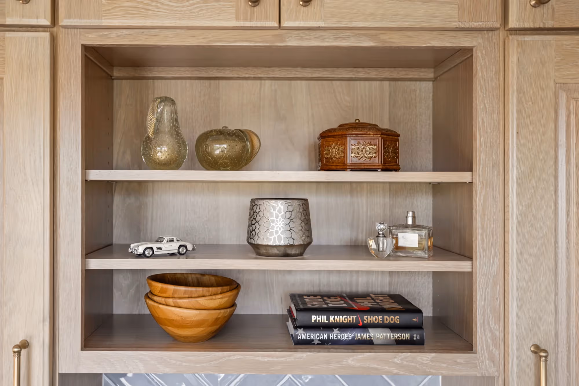 Built-in display shelves with decorative accents