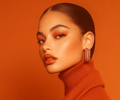 Woman with sleek pulled-back hair wearing large rectangular earrings and an orange turtleneck sweater against an orange background.