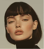 Portrait of a woman with a serious expression wearing a black high-neck dress and a large, intricate black headpiece against a red background.