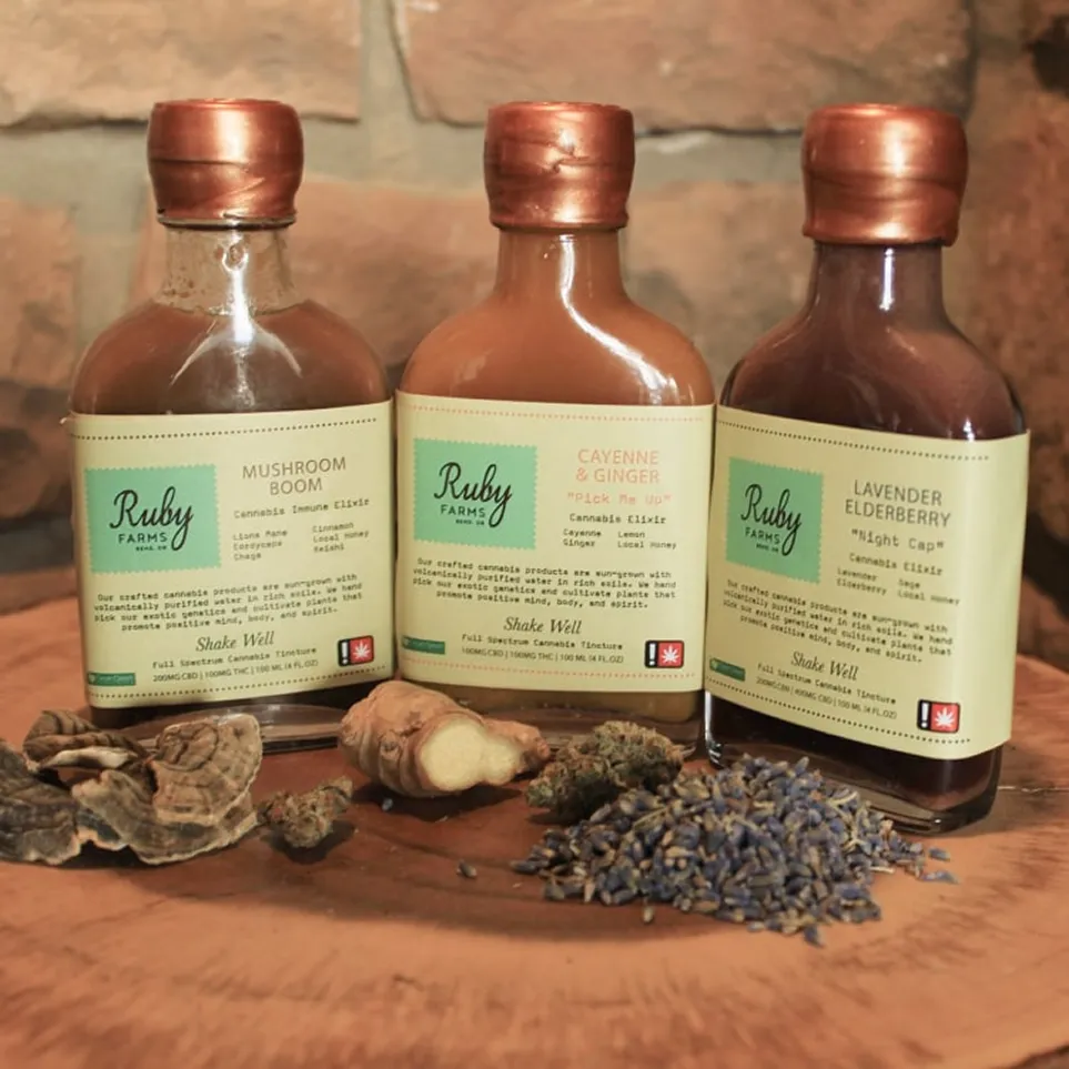 Three Ruby Farms cannabis elixirs with mushroom, cayenne ginger, and lavender elderberry flavors.