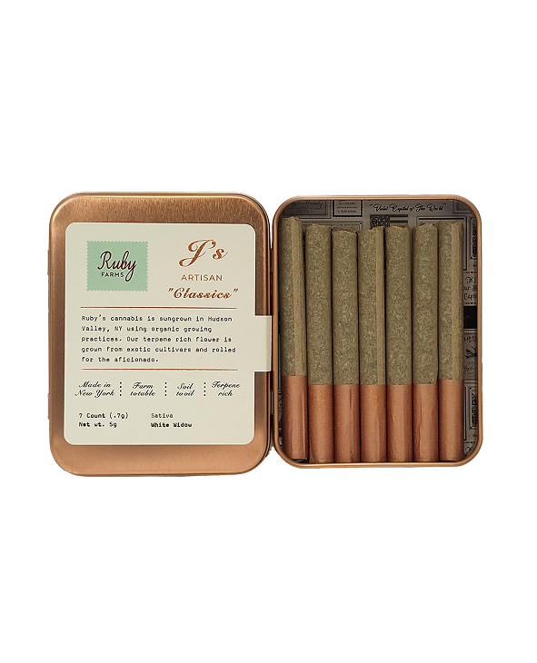 Open copper tin with seven artisan pre-rolled cannabis joints labeled Ruby Farms, Sativa White Widow.