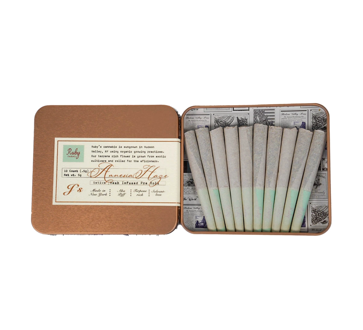 Open tin box displaying ten pre-rolled cannabis joints lined up next to the lid with product info label.