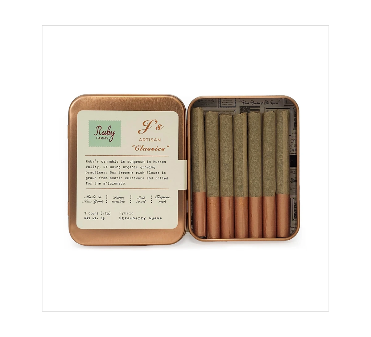 Open tin with seven pre-rolled cannabis joints labeled Ruby Farms Strawberry Guava hybrid.