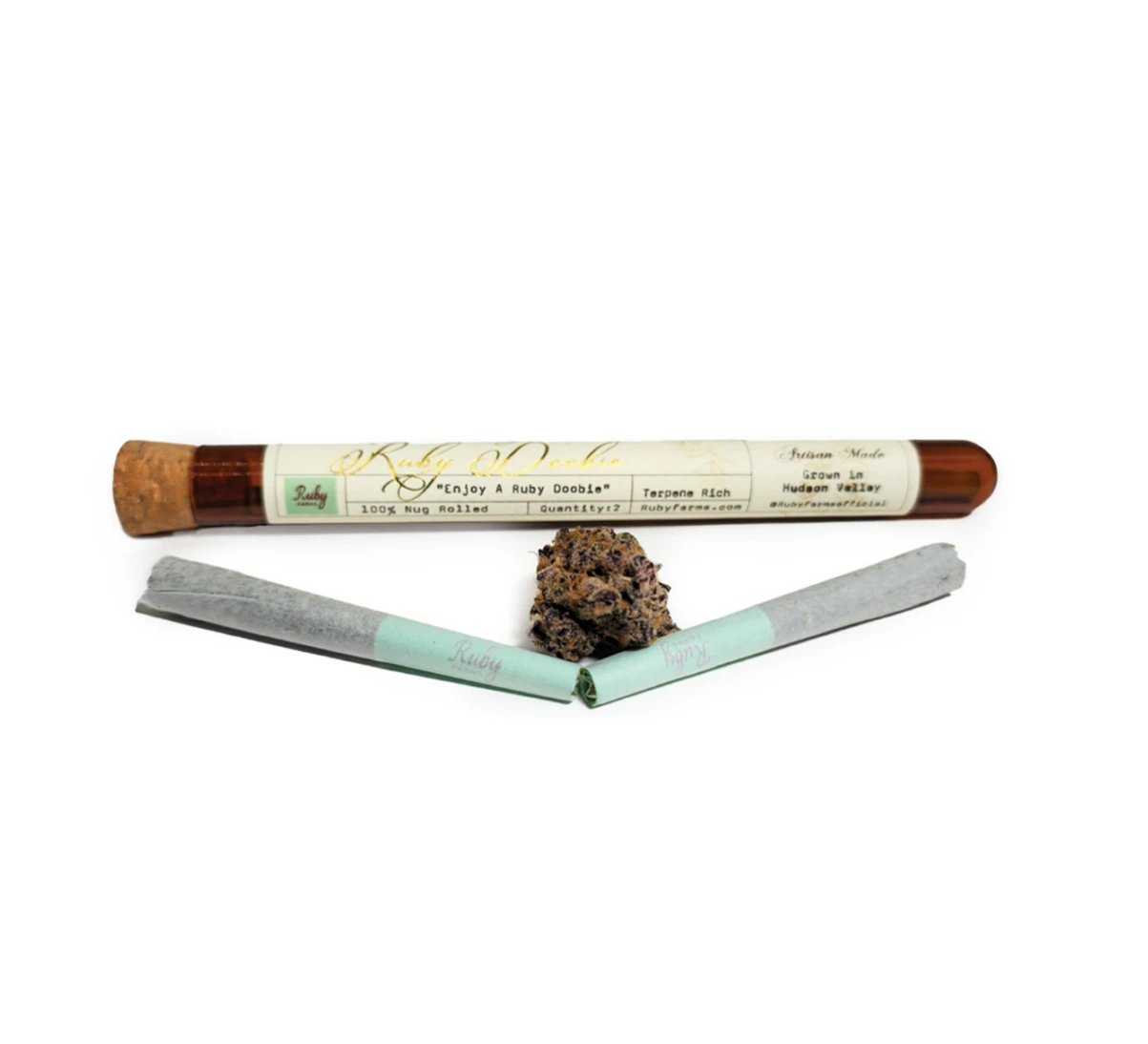 Two pre-rolled cannabis joints with a nug and packaging tube labeled Ruby Doobie.