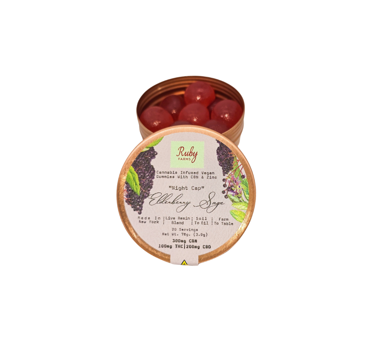 Open tin of Ruby Farms elderberry sage cannabis-infused vegan gummies with red round gummies inside.