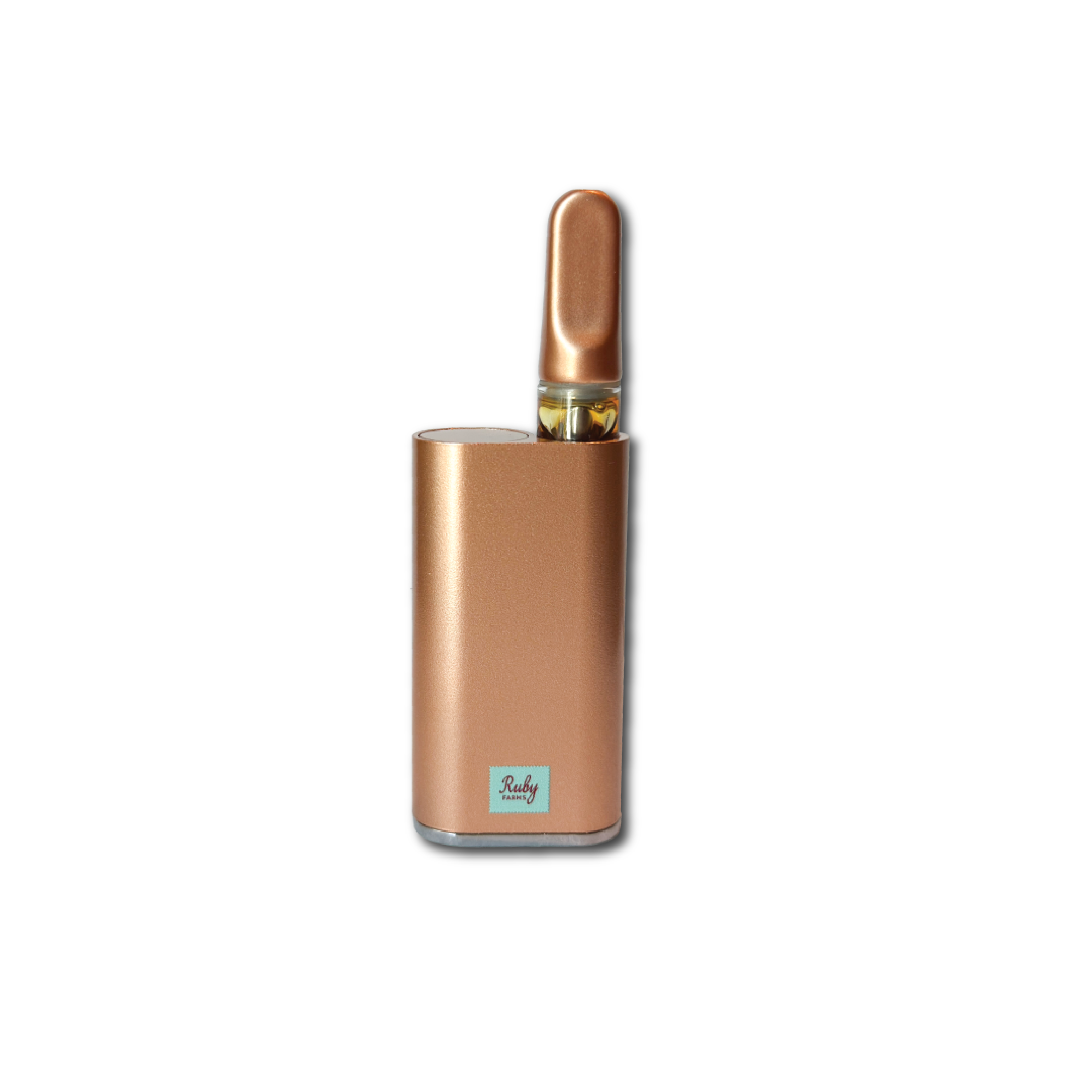 Four Ruby Farms branded vape pens and cartridge with amber liquid on wooden surface outdoors.