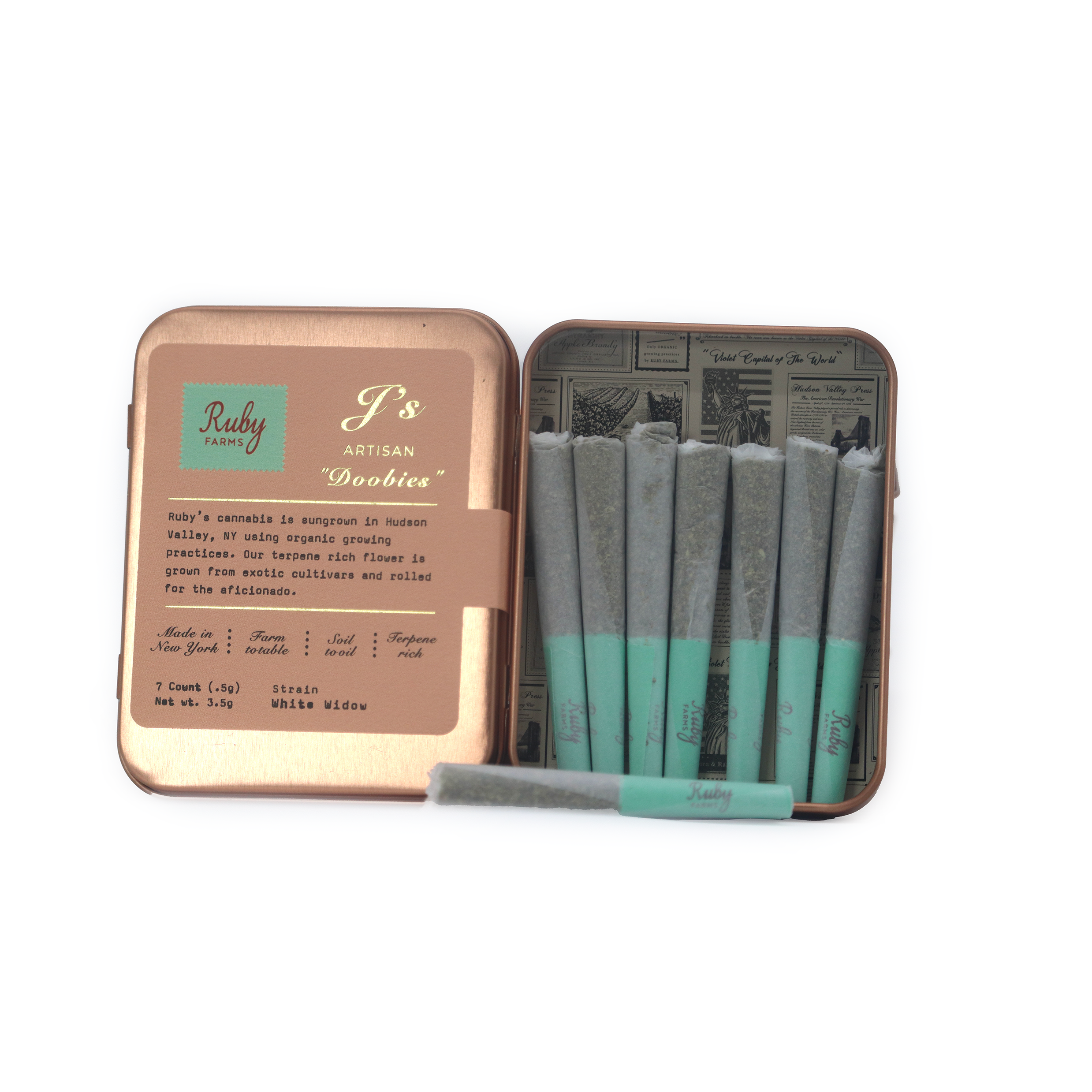 Open tin with seven pre-rolled cannabis joints labeled Ruby Farms Strawberry Guava hybrid.