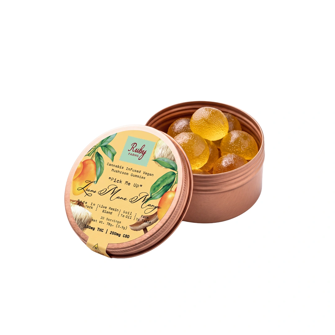 Open metal tin with seven pre-rolled cannabis joints labeled Ruby Farms Strawberry Guava hybrid.