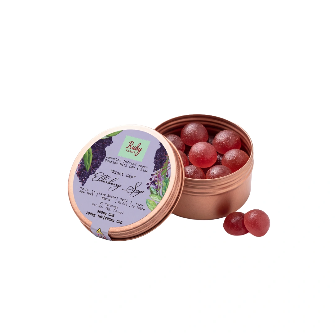 Open tin of Ruby Farms cannabis-infused vegan elderberry sage gummies with 300mg CBN and 100mg THC.