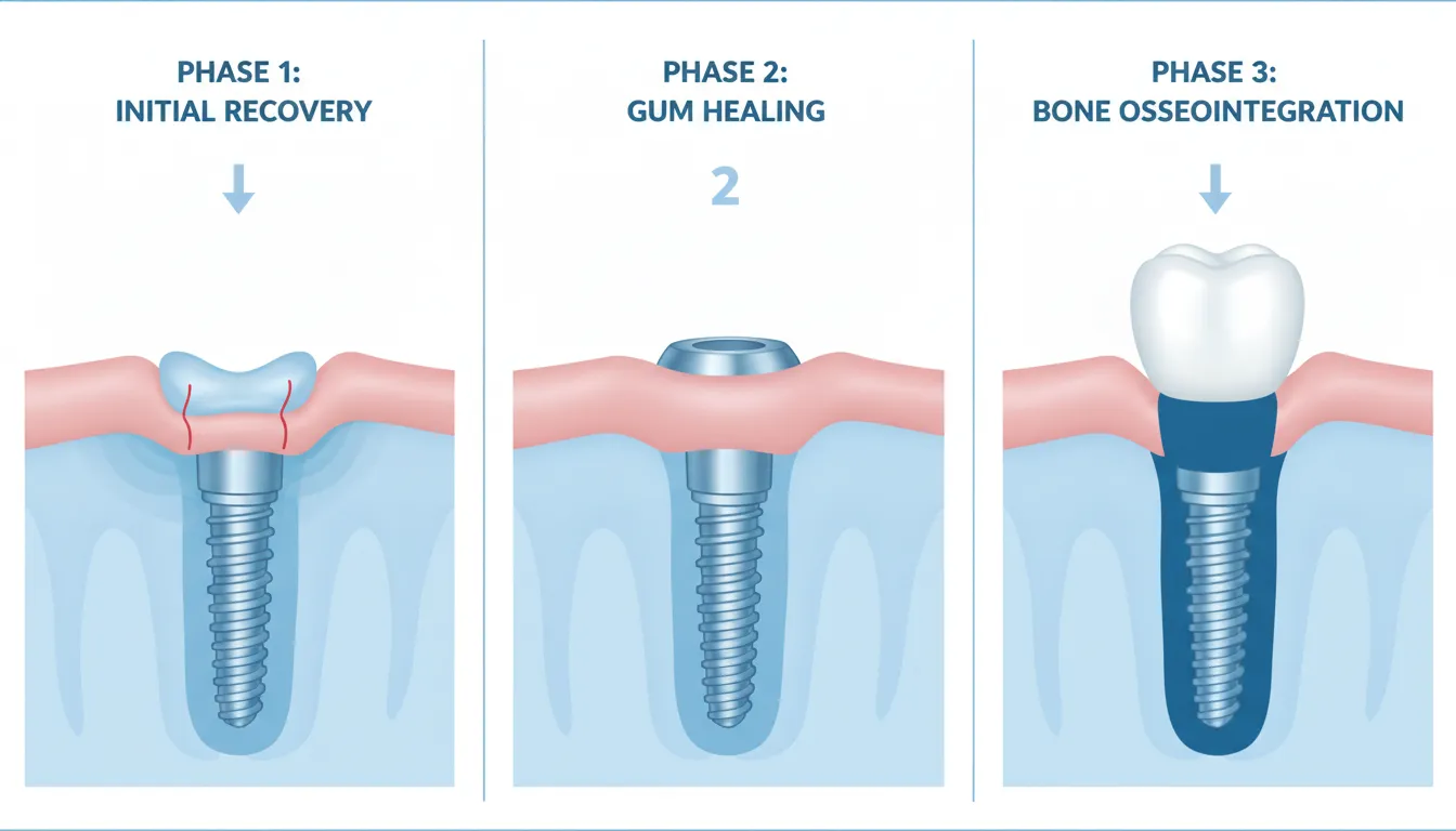 Dental implant healing phases diagram showing the three stages: initial recovery, gum healing, and bone osseointegration around a titanium post.