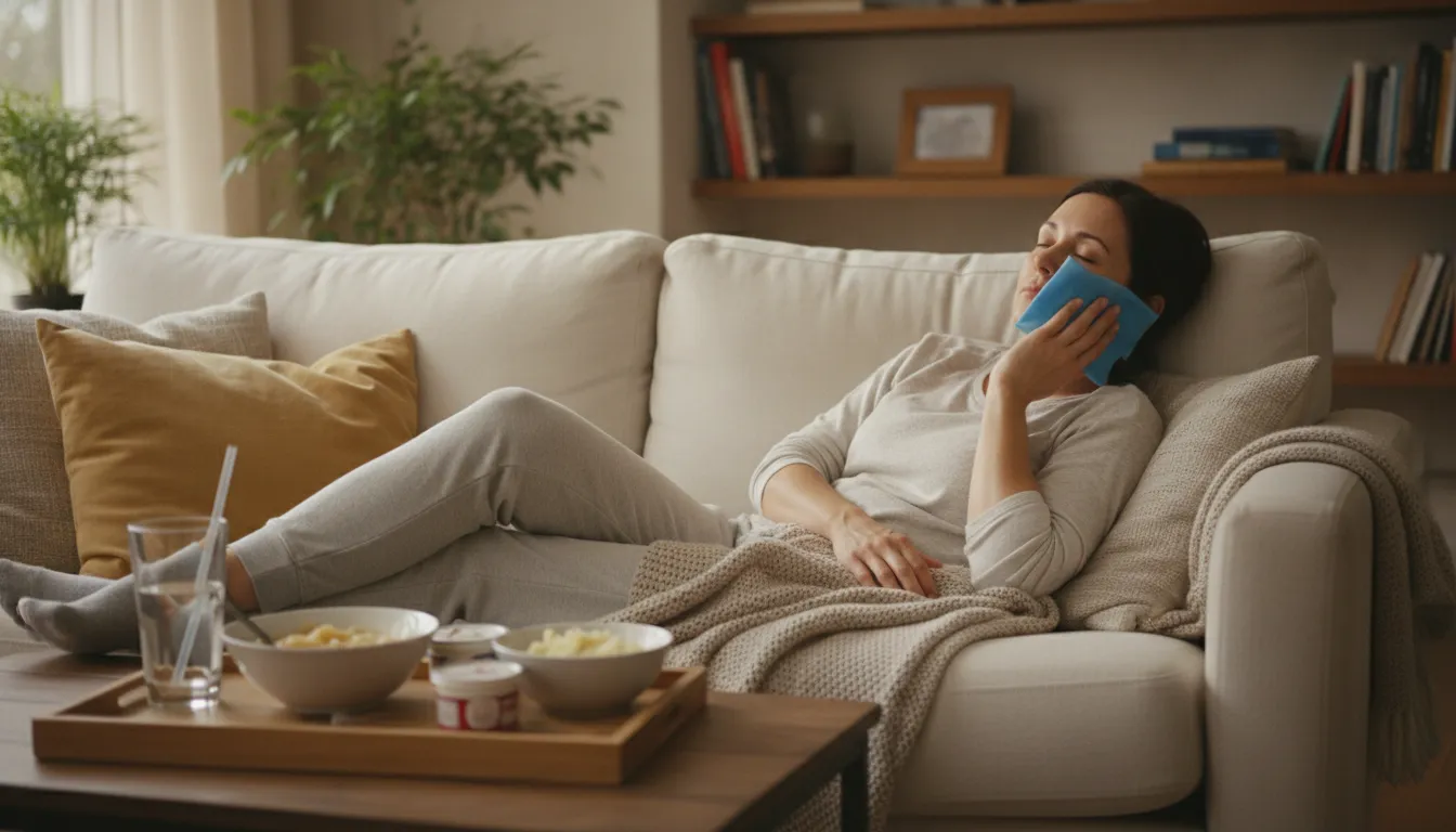 Dental implant patient recovering at home with soft foods, water, and an ice pack in a comfortable living room setting.