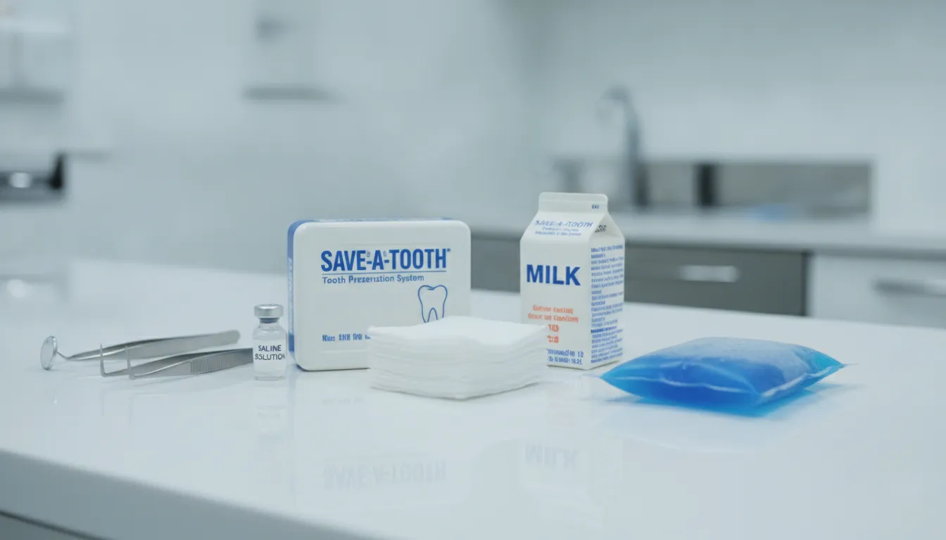 Dental emergency kit with tooth preservation supplies including milk carton, gauze, and cold compress