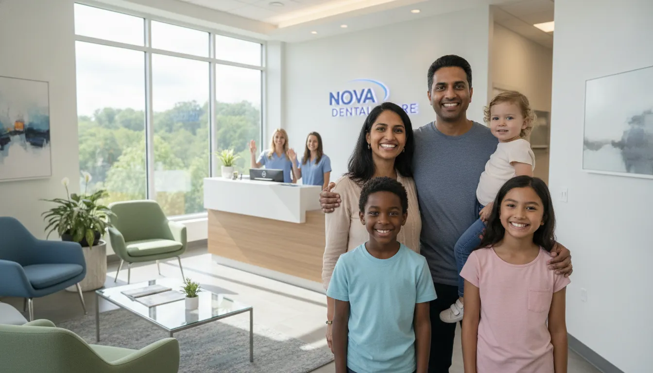 Smiling family at a modern dental office reception area in Northern Virginia