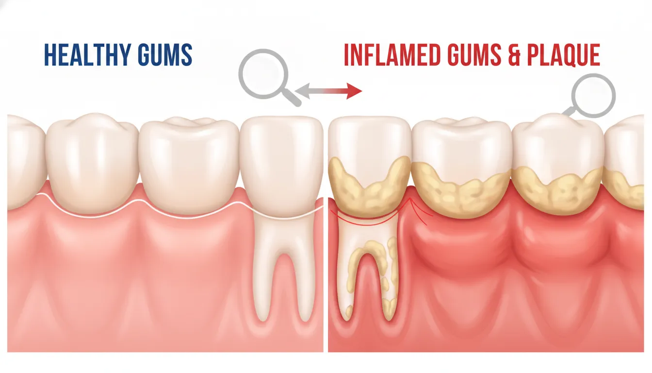 Comparison showing healthy pink gums versus inflamed red gums with visible plaque buildup and recession