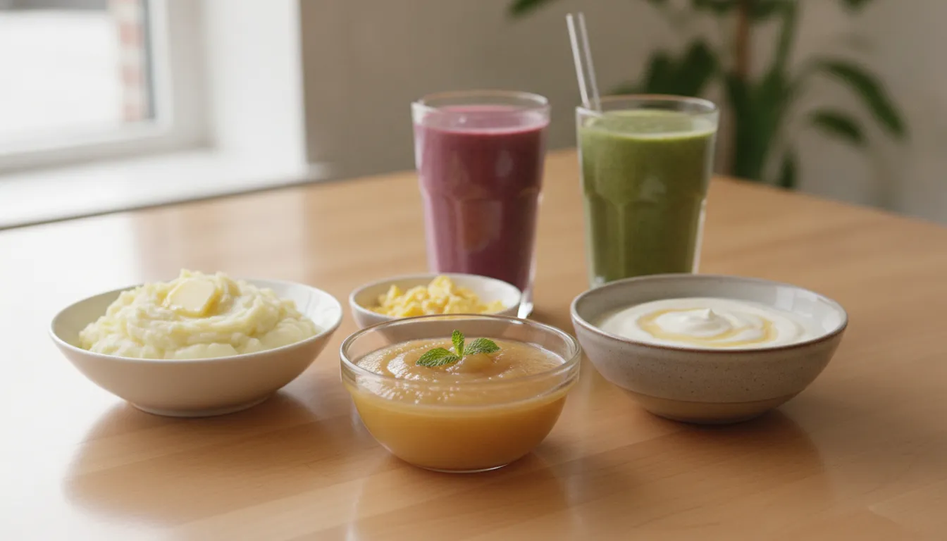 Soft foods suitable for tooth extraction recovery including applesauce, yogurt, and mashed potatoes arranged on a table