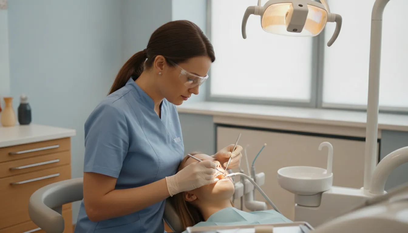 Dental hygienist performing a professional teeth cleaning in a modern dental office