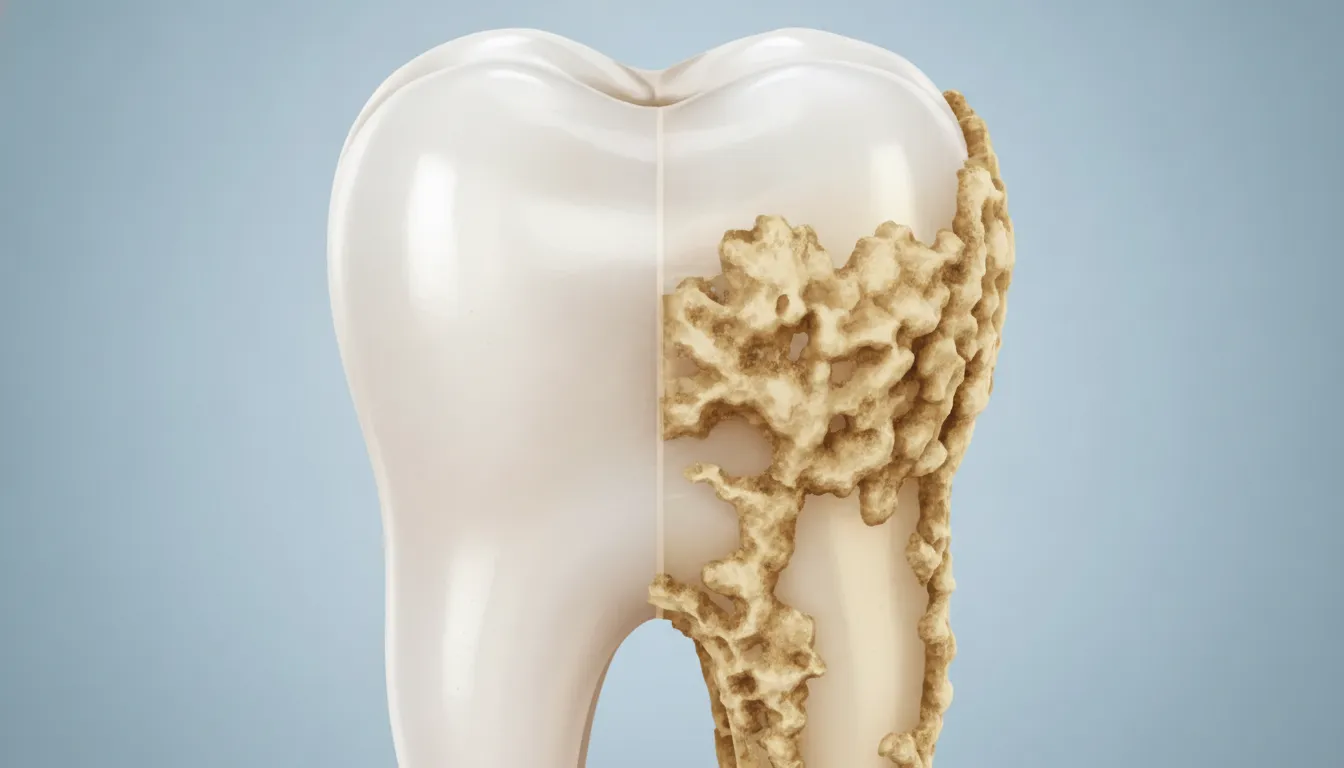 Close-up comparison of healthy tooth enamel and tartar buildup on teeth