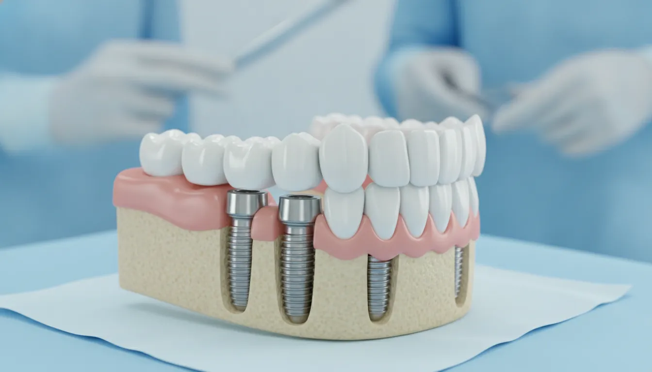 Medical diagram showing four dental implant posts placed in the jawbone supporting a full arch prosthetic restoration