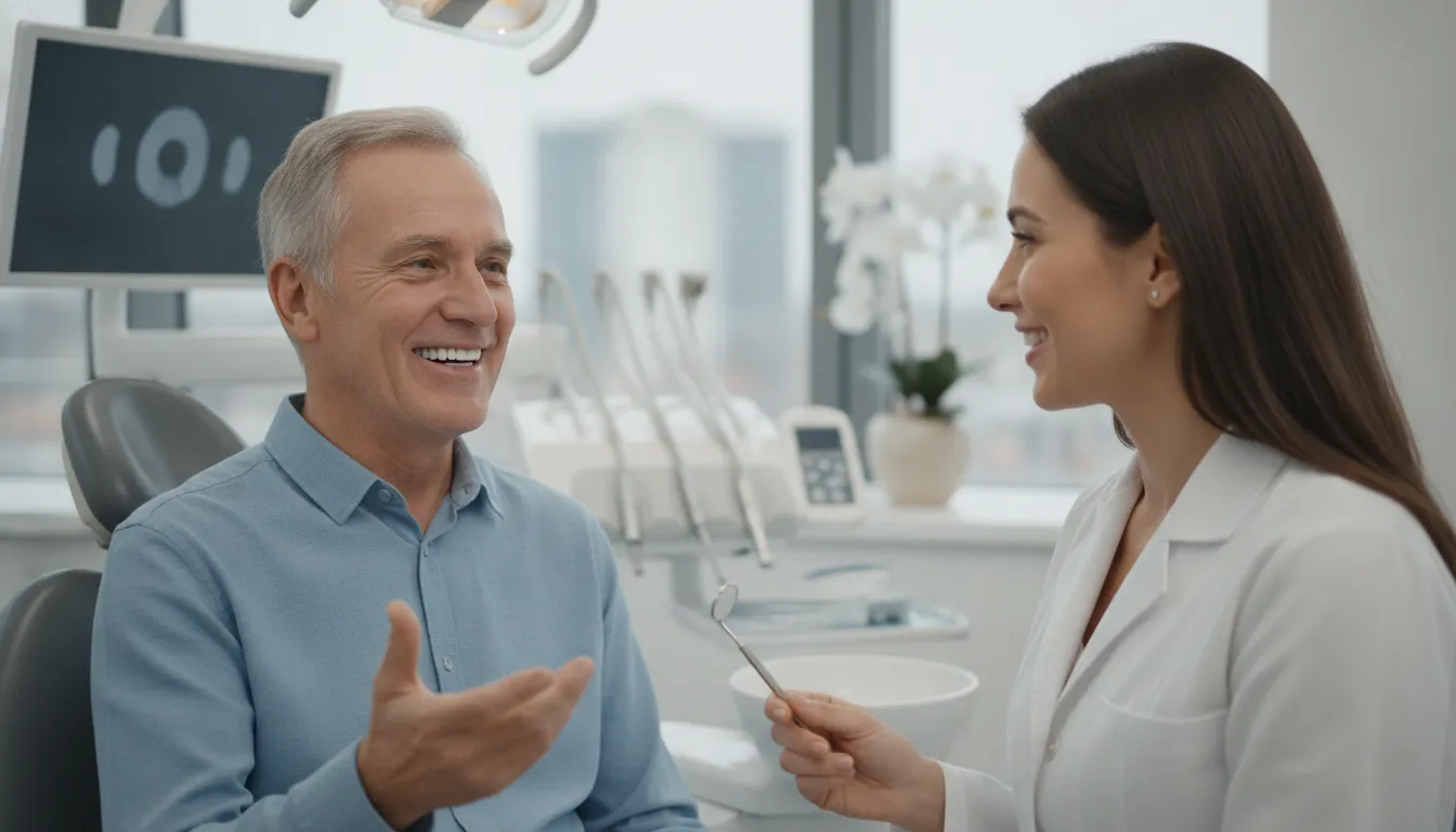 Happy senior patient smiling confidently with dentist after successful All-on-4 dental implant treatment