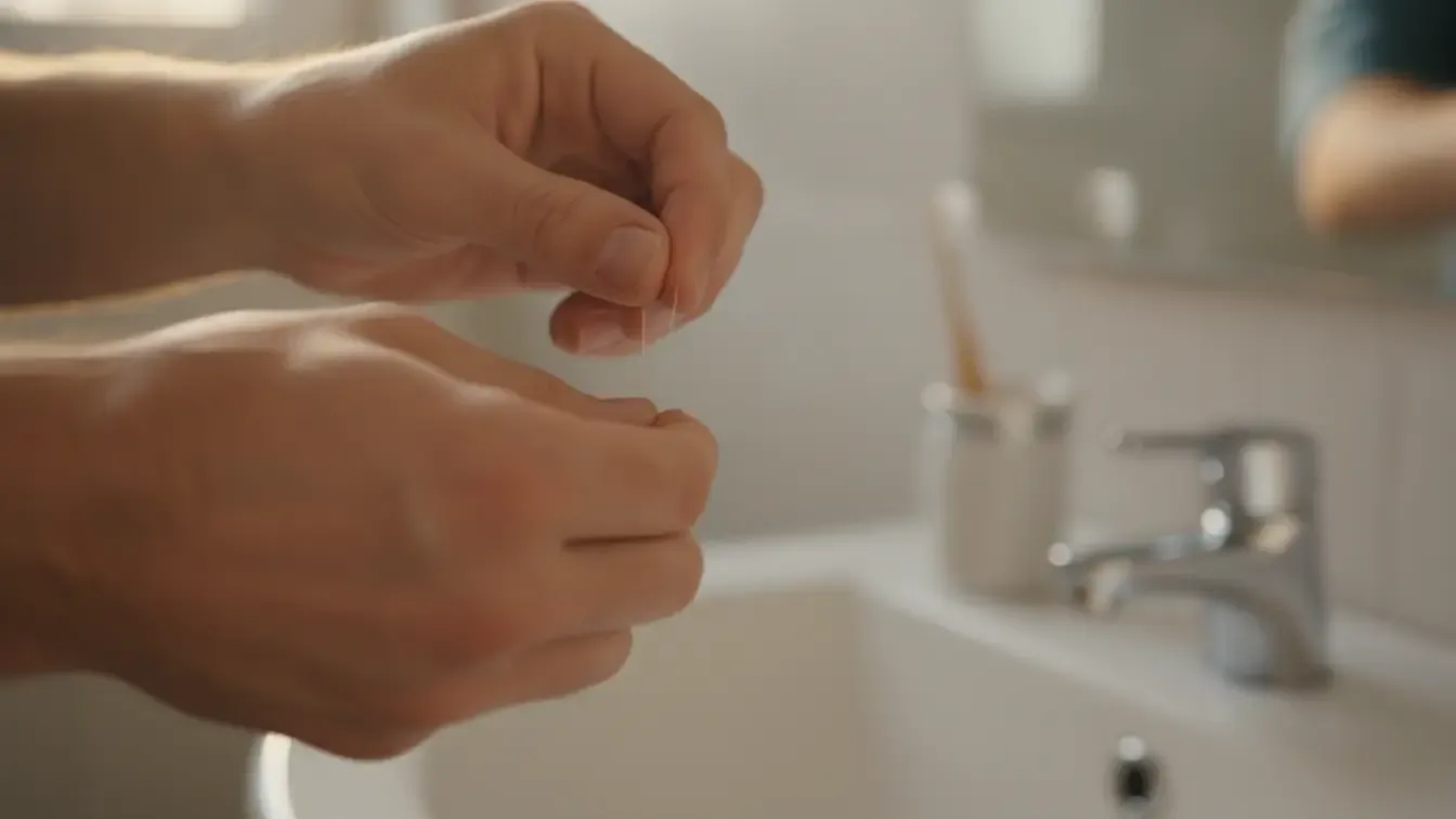 Hands preparing dental floss as part of a proper oral hygiene routine