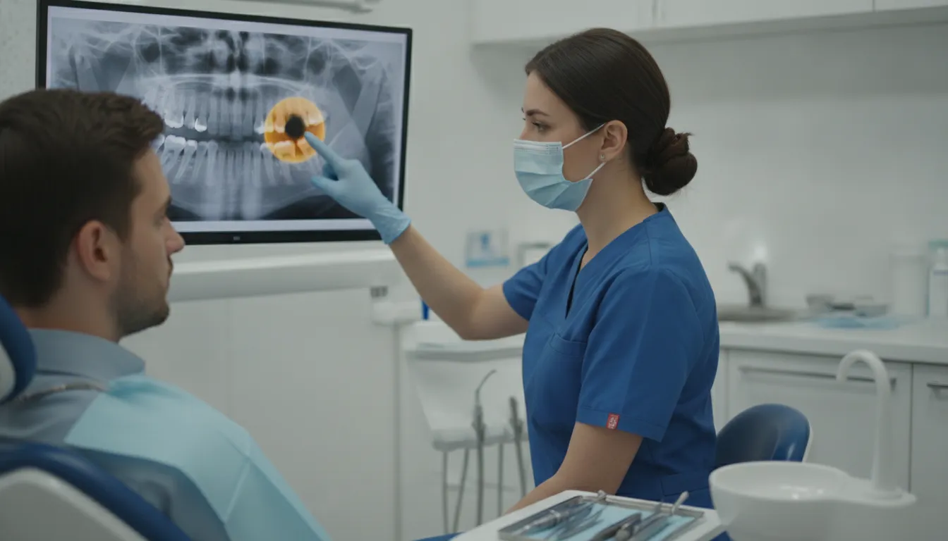 Dental X-ray image showing an abscess at the tooth root, highlighting the area of infection
