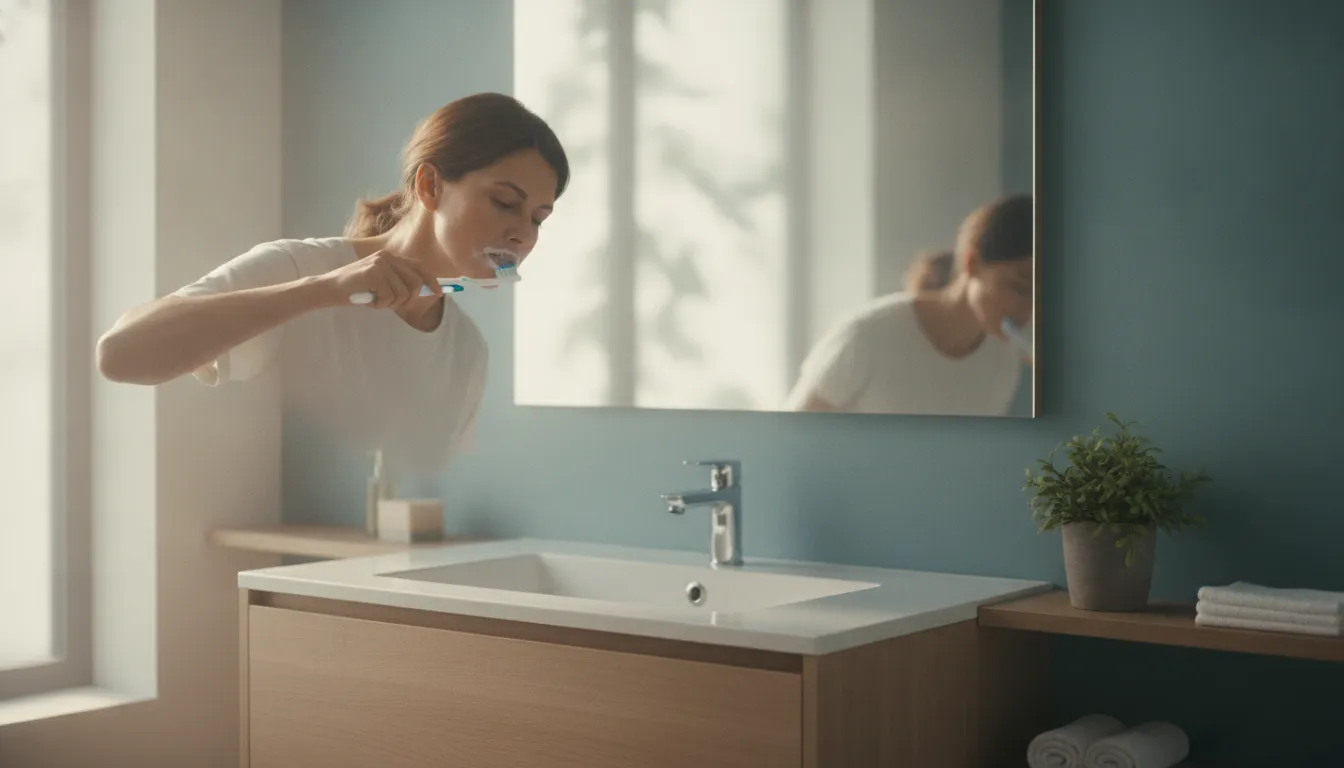Adult brushing teeth with a toothbrush at a modern bathroom sink