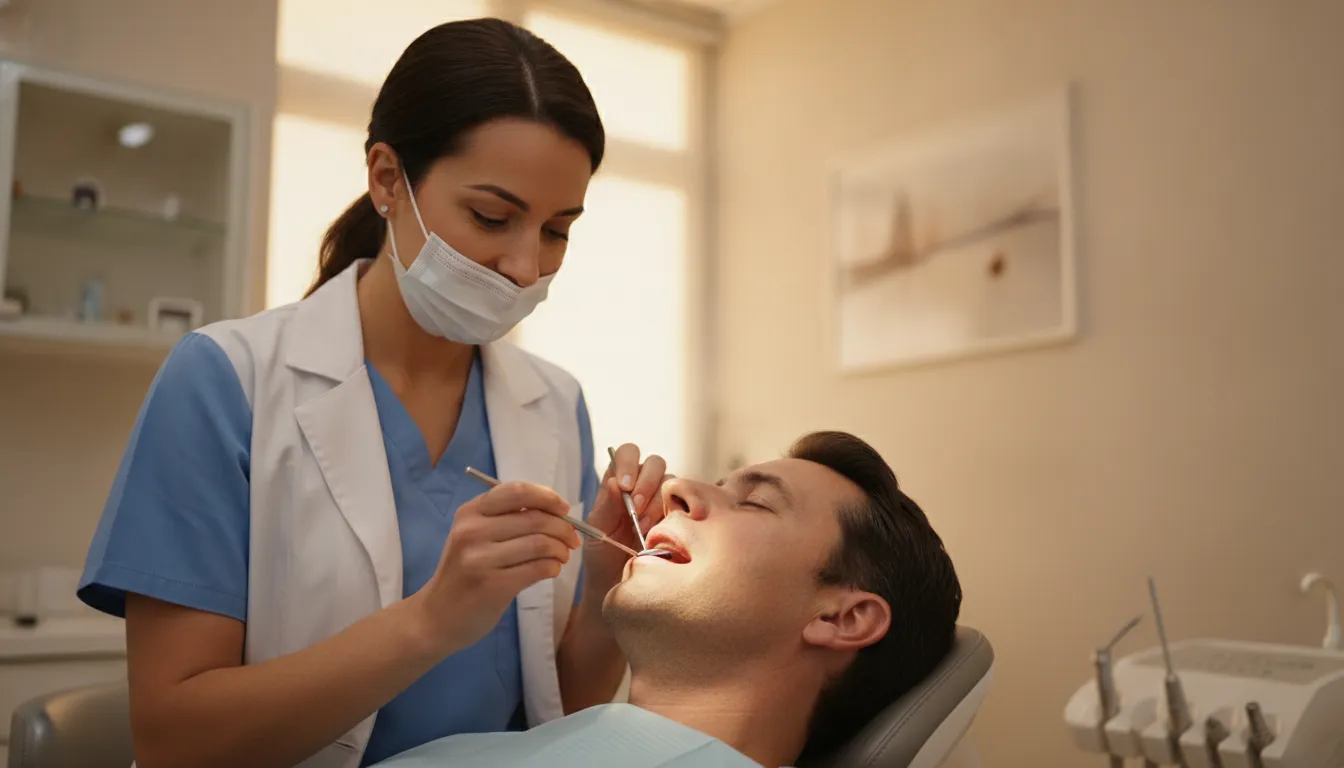 Dentist examining a patient's gums with a dental mirror during a checkup