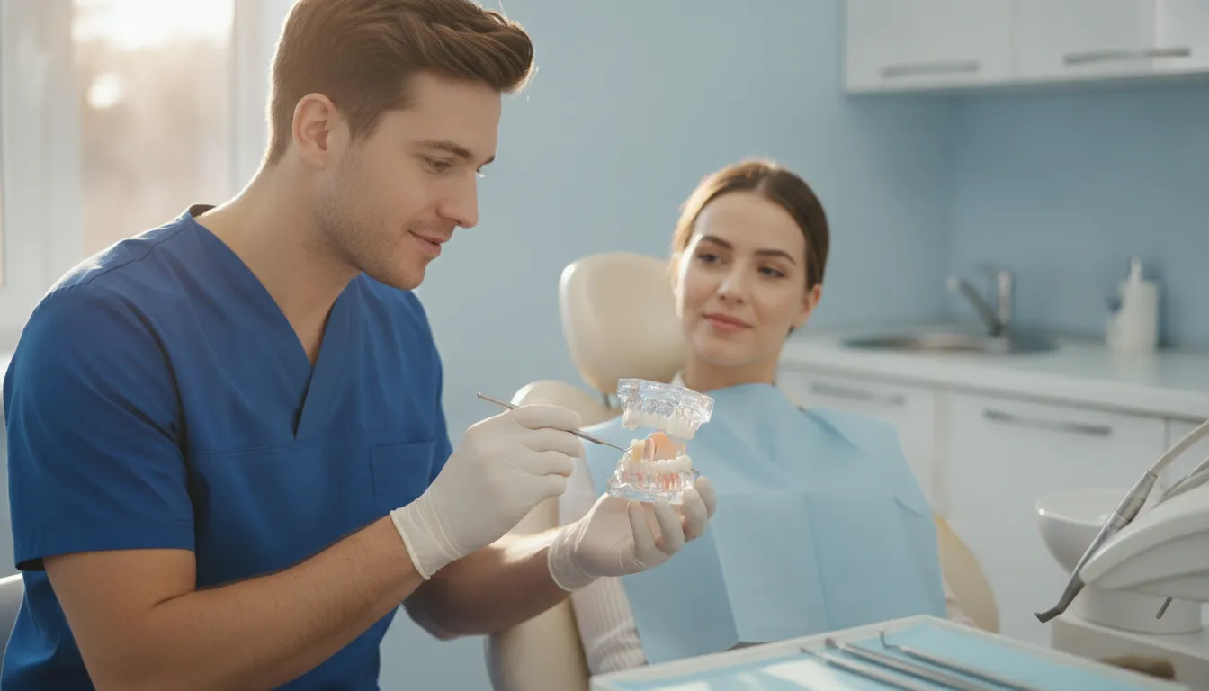 Dentist reassuring a calm adult patient during a tooth extraction consultation in a bright modern dental operatory