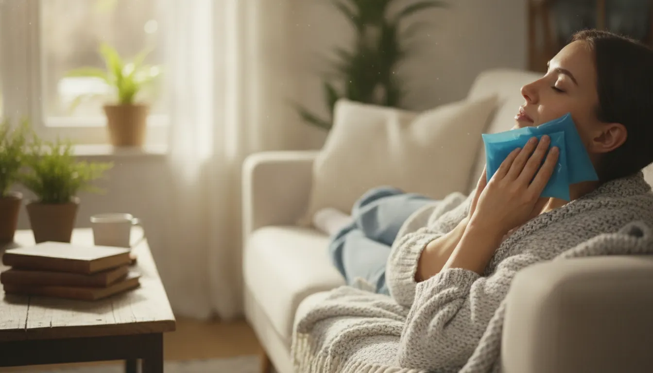 Person gently relaxing at home with a soft cold pack against the jaw during teeth removal recovery