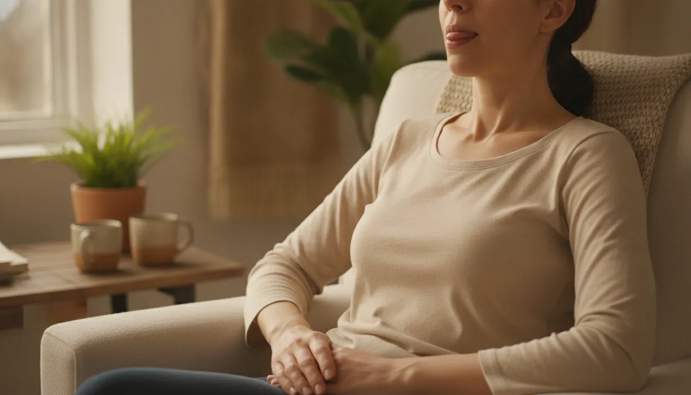 Adult practicing a relaxed jaw posture at home